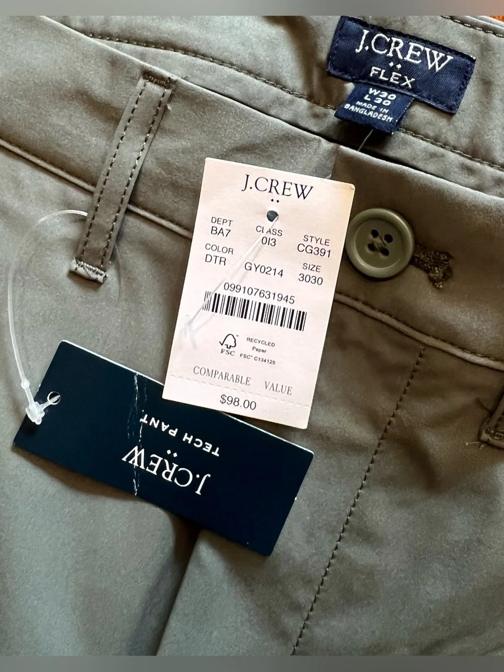 J. Crew Men’s Gray/Olive Green 30X30 Straight Flex Tech Pant